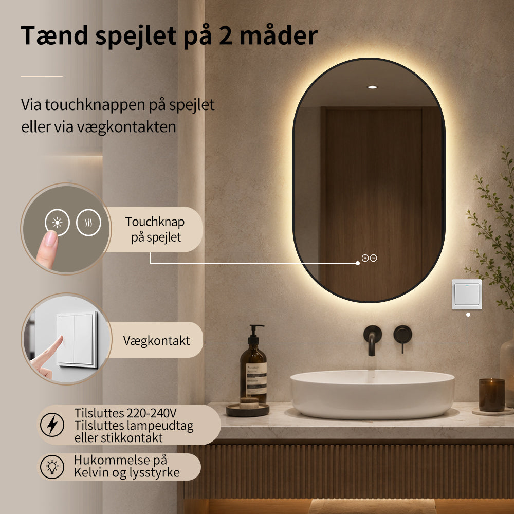 Ovalt Spejl med LED-lys og Antidug 50x80 cm m/Sort Ramme