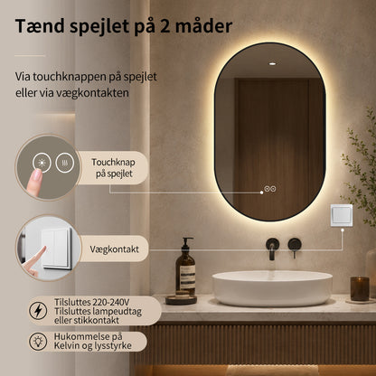 Ovalt Spejl med LED-lys og Antidug 50x80 cm m/Sort Ramme