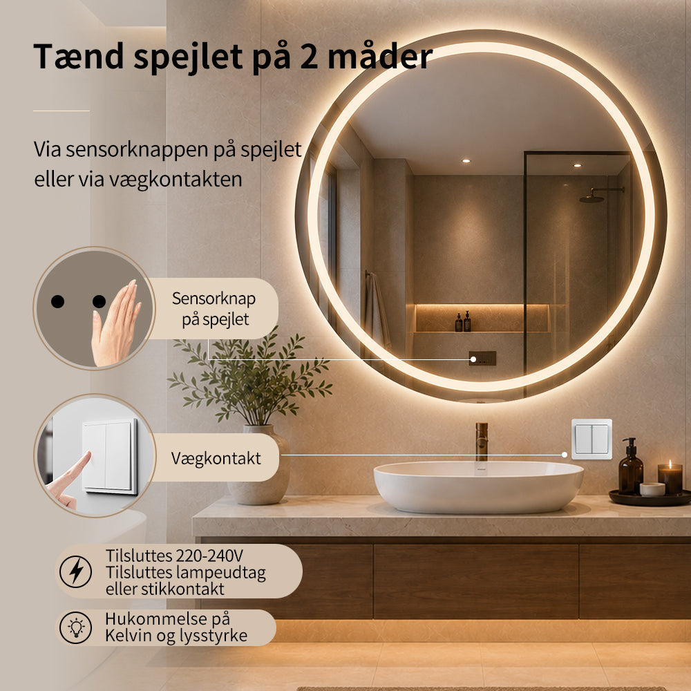Rundt Spejl med Frontlight LED-lys og Antidug Ø100 cm