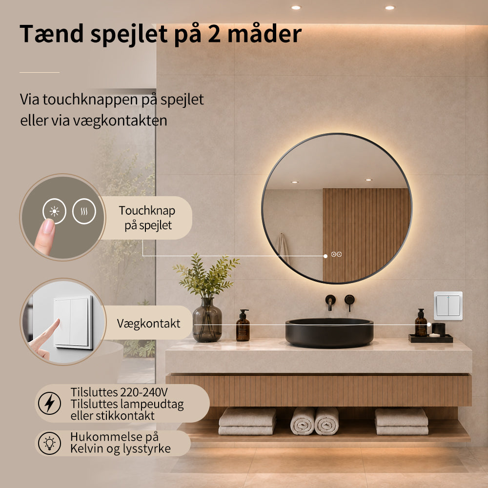 Rundt spejl med LED-lys og Antidug Ø70 cm m/sort ramme