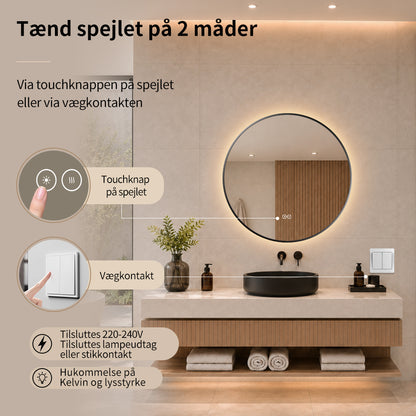 Rundt spejl med LED-lys og Antidug Ø70 cm m/sort ramme