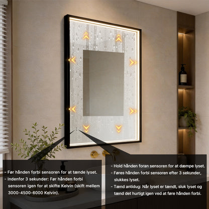 Rektangulært Spejl med LED-lys i Ramme og Antidug 80x120 cm, Sort Ramme