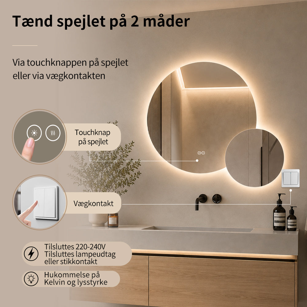 Dobbelt spejl med LED-lys og Antidug Ø80 + Ø40 cm (Venstrevendt)