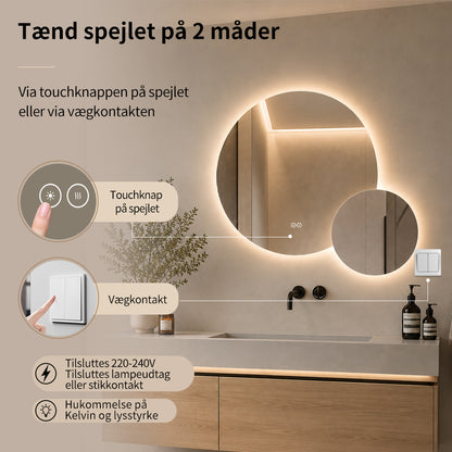 Dobbelt spejl med LED-lys og Antidug Ø80 + Ø40 cm (Venstrevendt)