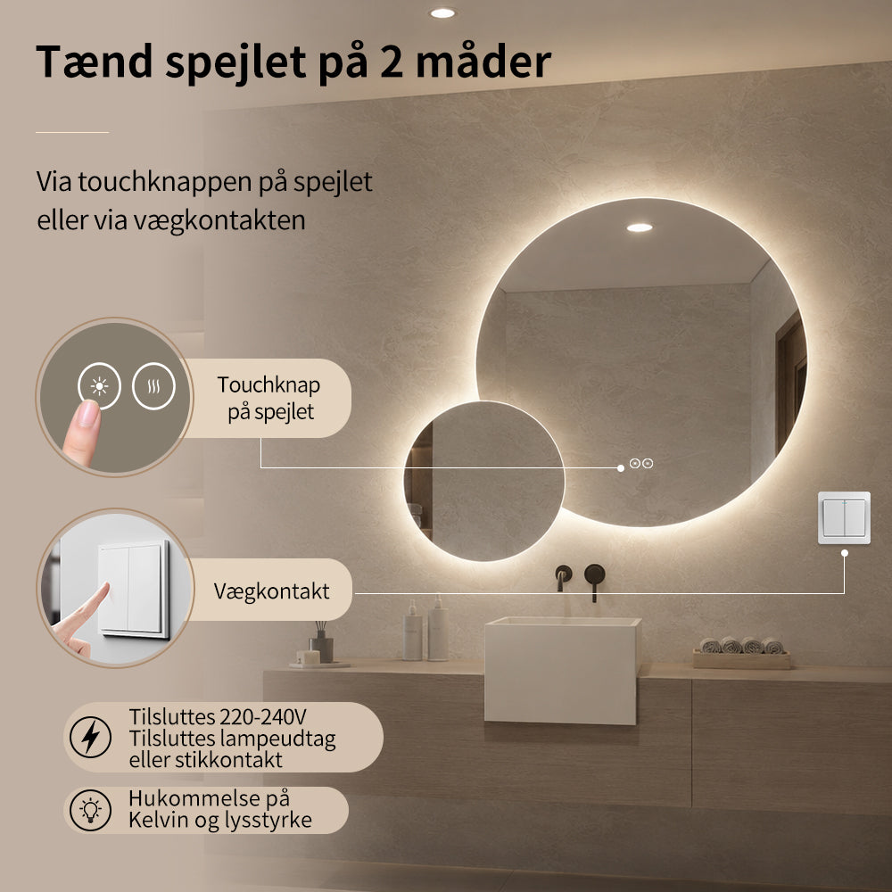 Dobbelt spejl med LED-lys og Antidug Ø80 + Ø40 cm (Højrevendt)