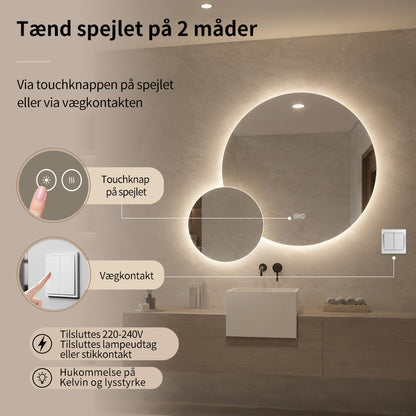 Dobbelt spejl med LED-lys og Antidug Ø80 + Ø40 cm (Højrevendt)