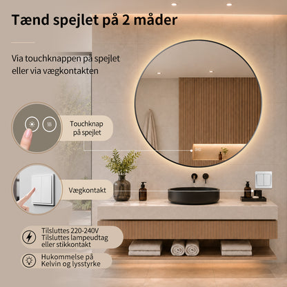 Rundt badeværelsesspejl med sort ramme Ø100 cm tændes på touchknap eller vægkontakt, til lampeudtag eller stikkontakt