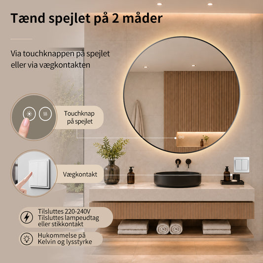 Rundt spejl med LED-lys og Antidug Ø100 cm m/sort ramme