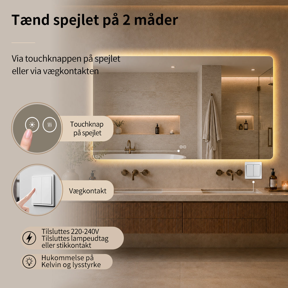 Badeværelsesspejl 140x80 cm tændes på touchknap eller vægkontakt og tilsluttes lampeudtag eller stikkontakt