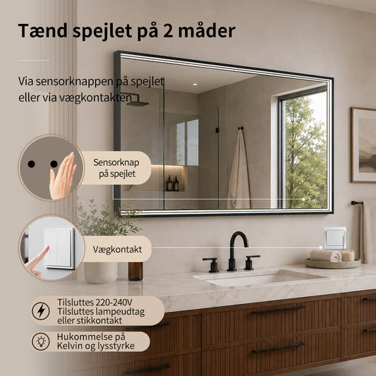 Rektangulært Spejl med LED-lys i Ramme og Antidug 120x80 cm, Sort Ramme