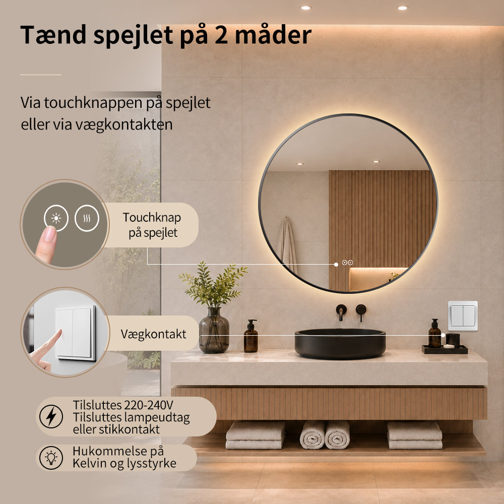 Rundt spejl med LED-lys og Antidug Ø80 cm m/sort ramme