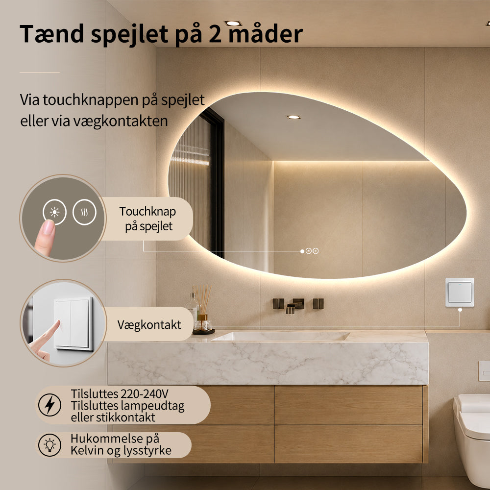Organisk spejl med LED-lys og Antidug 120x75 cm (Venstrevendt)