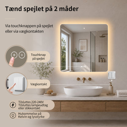 Kvadratisk spejl med LED-lys og Antidug 80x80 cm