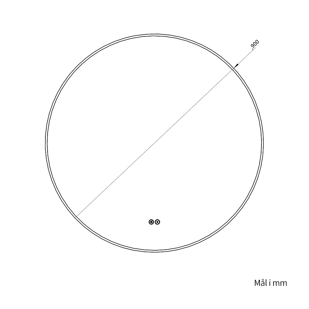 Måltegning af rundt spejl med sort ramme set forfra med en diameter på 900 mm
