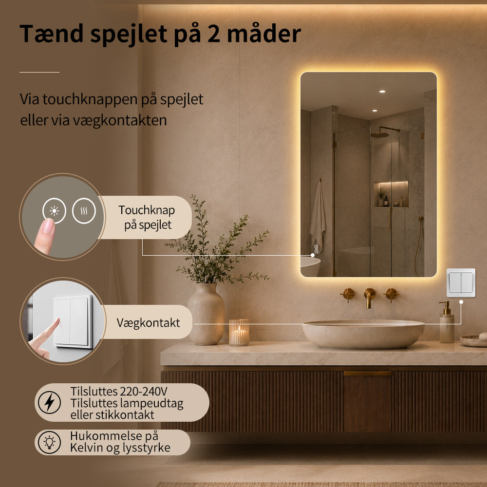 Rektangulært Spejl med LED-lys og Antidug 80x120 cm