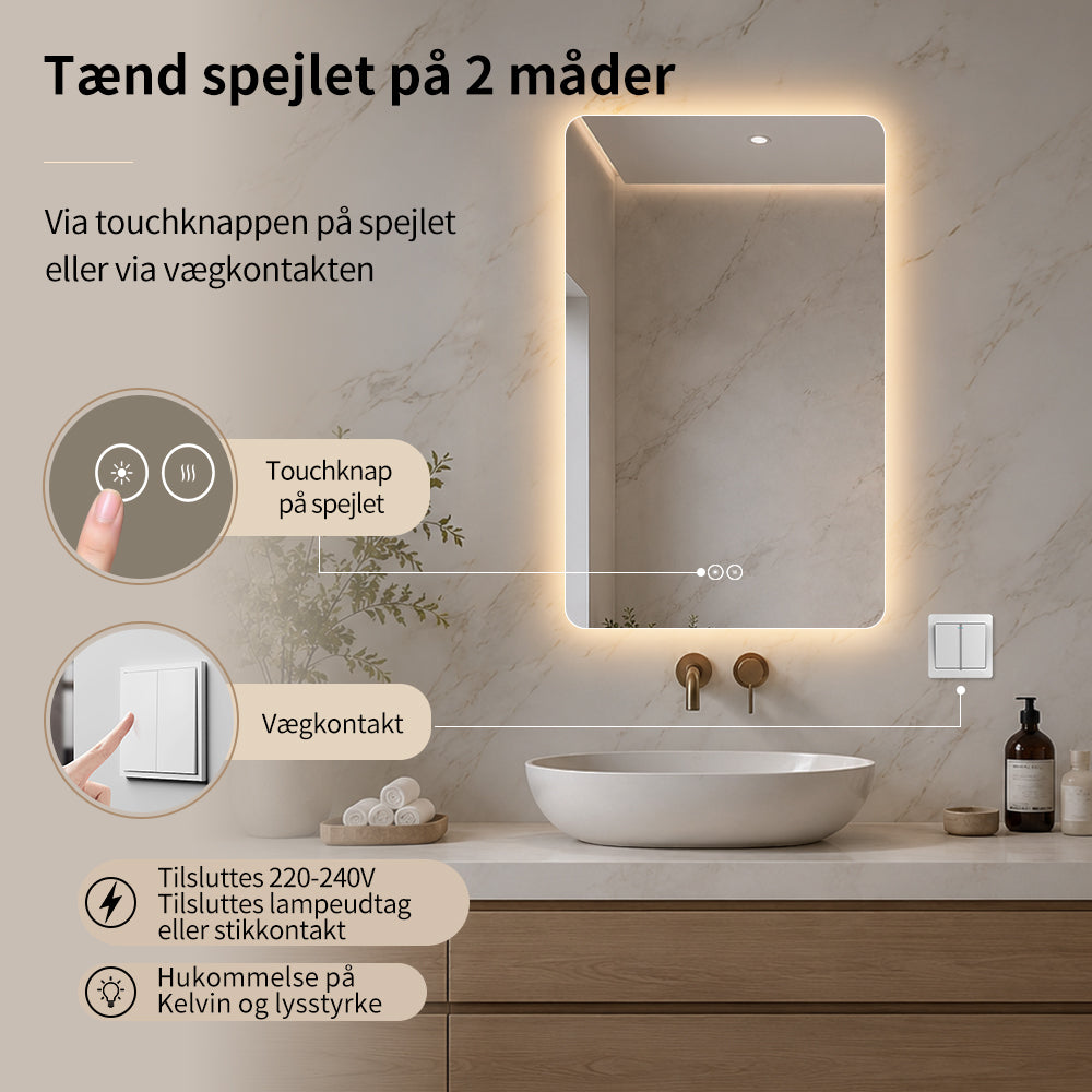 Rektangulært Spejl med LED-lys og Antidug 50x80 cm
