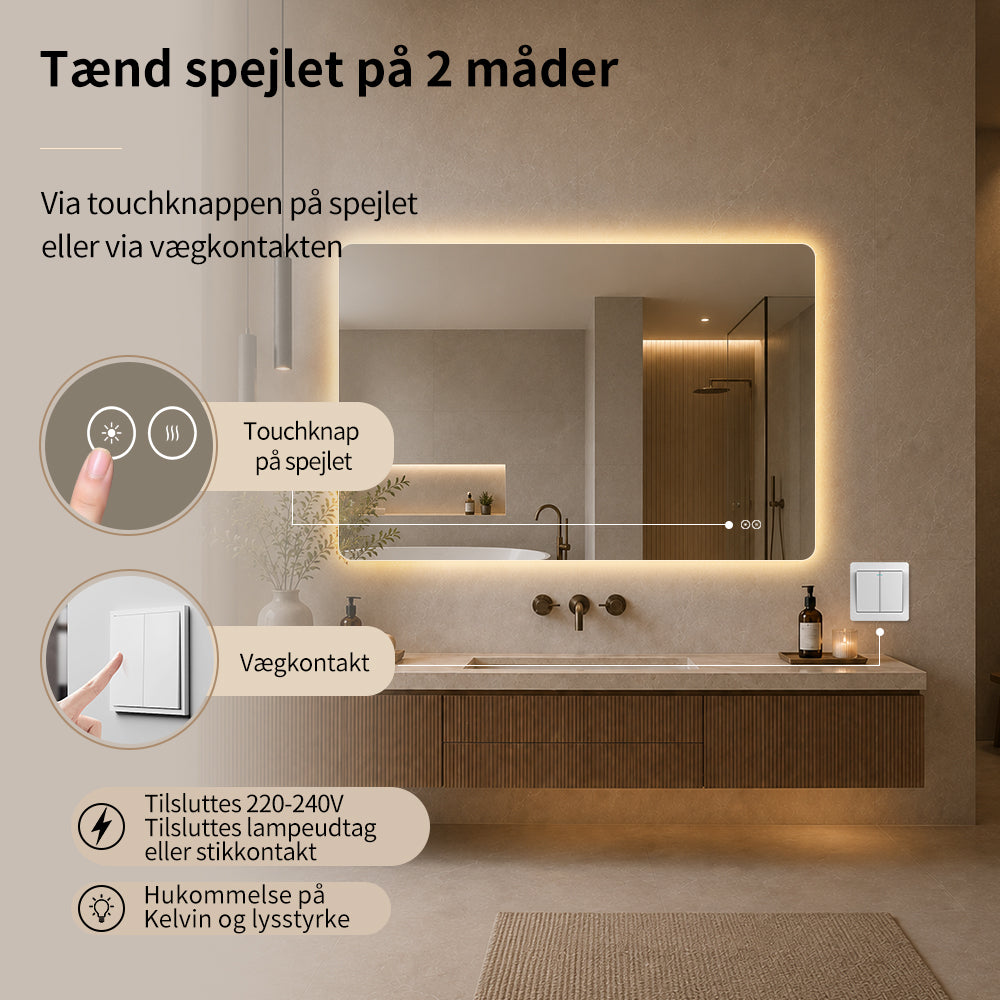 Rektangulært Spejl med LED-lys og Antidug 120x80 cm