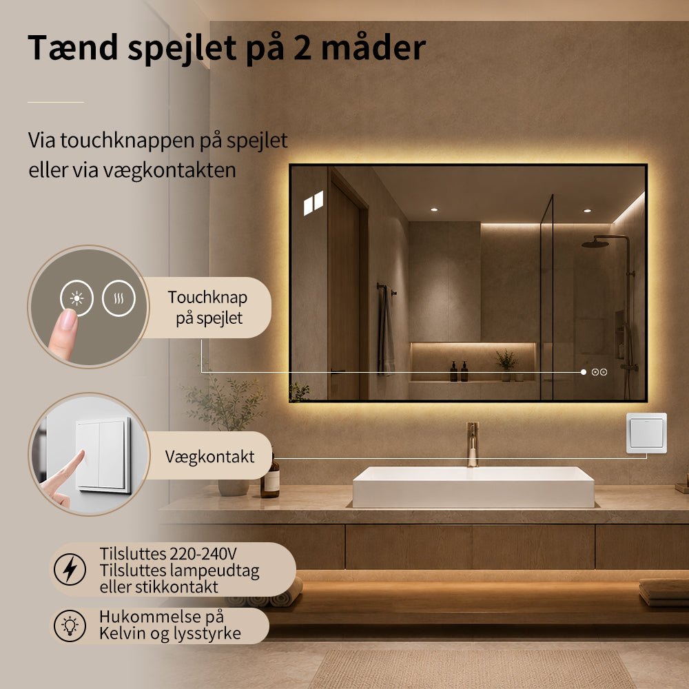 Rektangulært Spejl med LED-lys og Antidug 120x80 cm - Sort ramme 90º