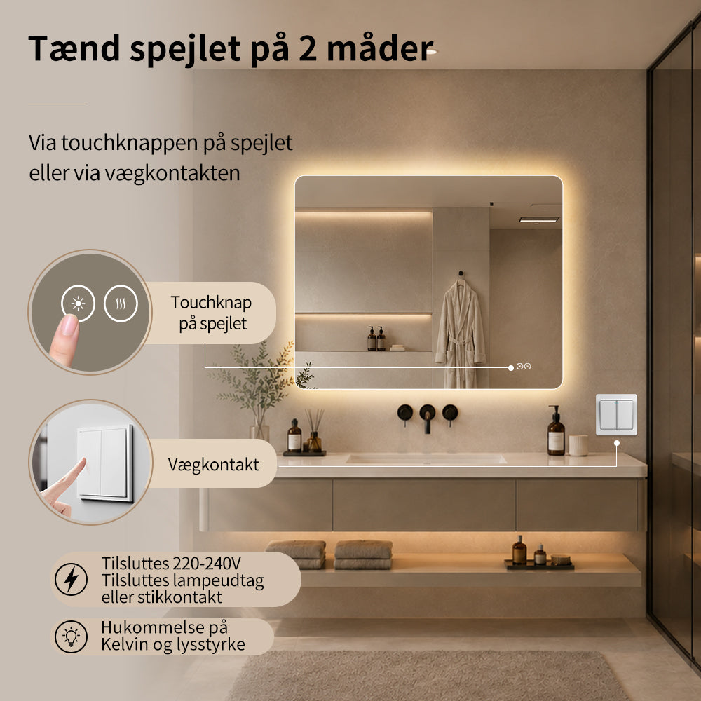Rektangulært Spejl med LED-lys og Antidug 100x80 cm