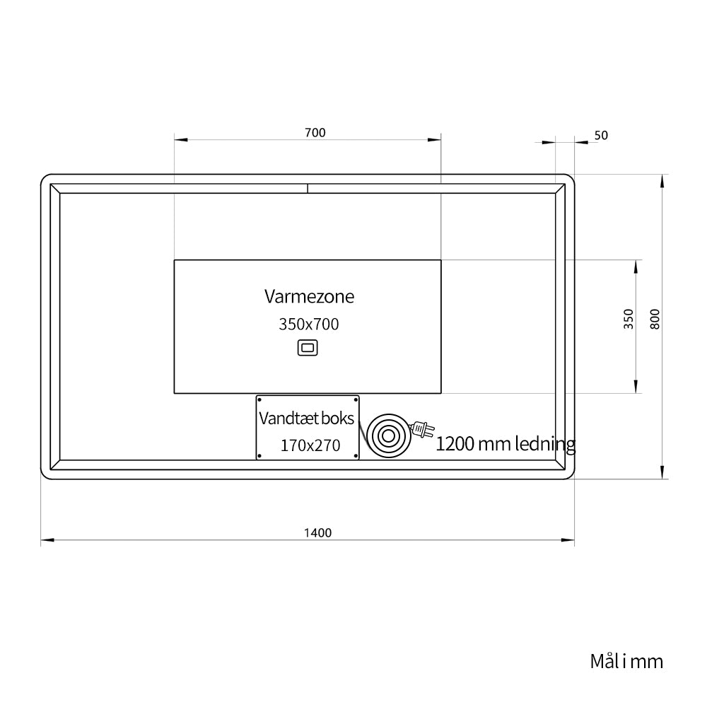 Bagsiden af spejl 140x80 cm med varmezone til antidug, vandtæt boks og 1200 mm ledning