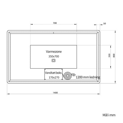 Bagsiden af spejl 140x80 cm med varmezone til antidug, vandtæt boks og 1200 mm ledning