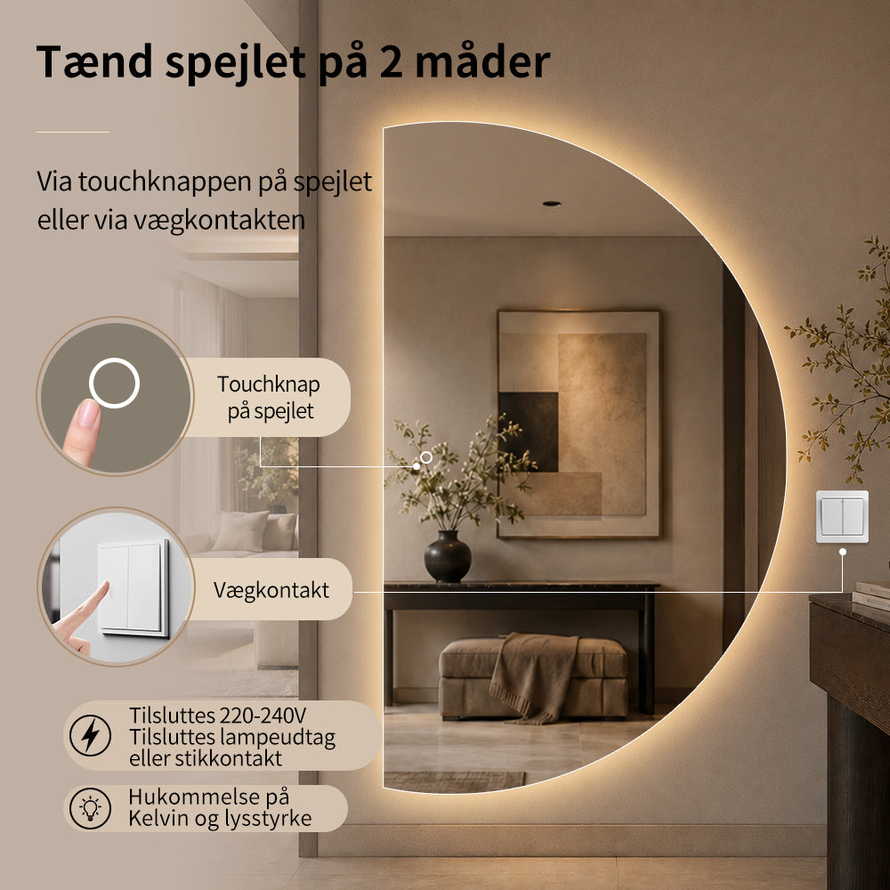 Halvcirkel spejl med LED-lys 120x200 cm (Højrevendt)