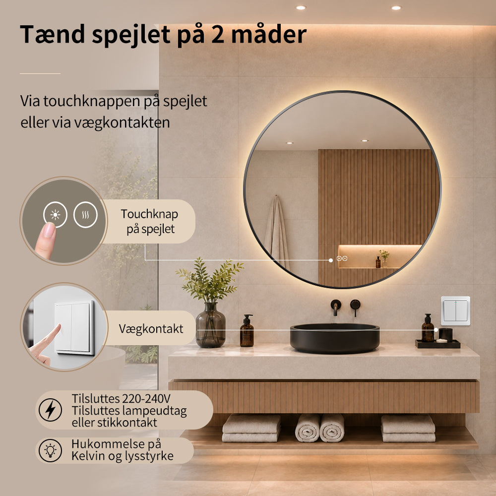 Rundt badeværelsesspejl med sort ramme Ø90 cm tændes på touchknap eller vægkontakt, til lampeudtag eller stikkontakt