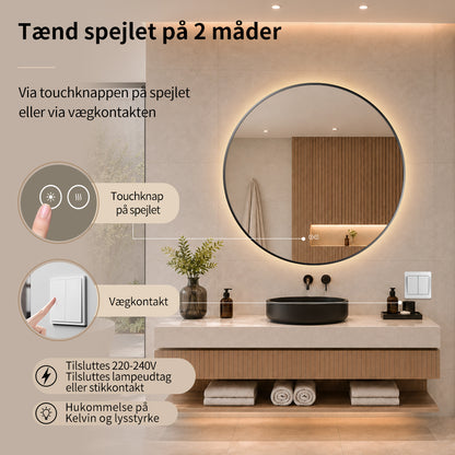 Rundt badeværelsesspejl med sort ramme Ø90 cm tændes på touchknap eller vægkontakt, til lampeudtag eller stikkontakt