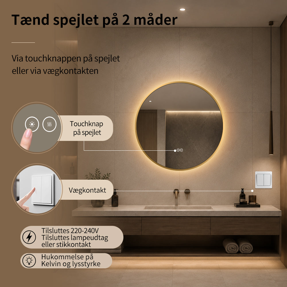 Rundt spejl med LED-lys og Antidug Ø70 cm m/guld ramme