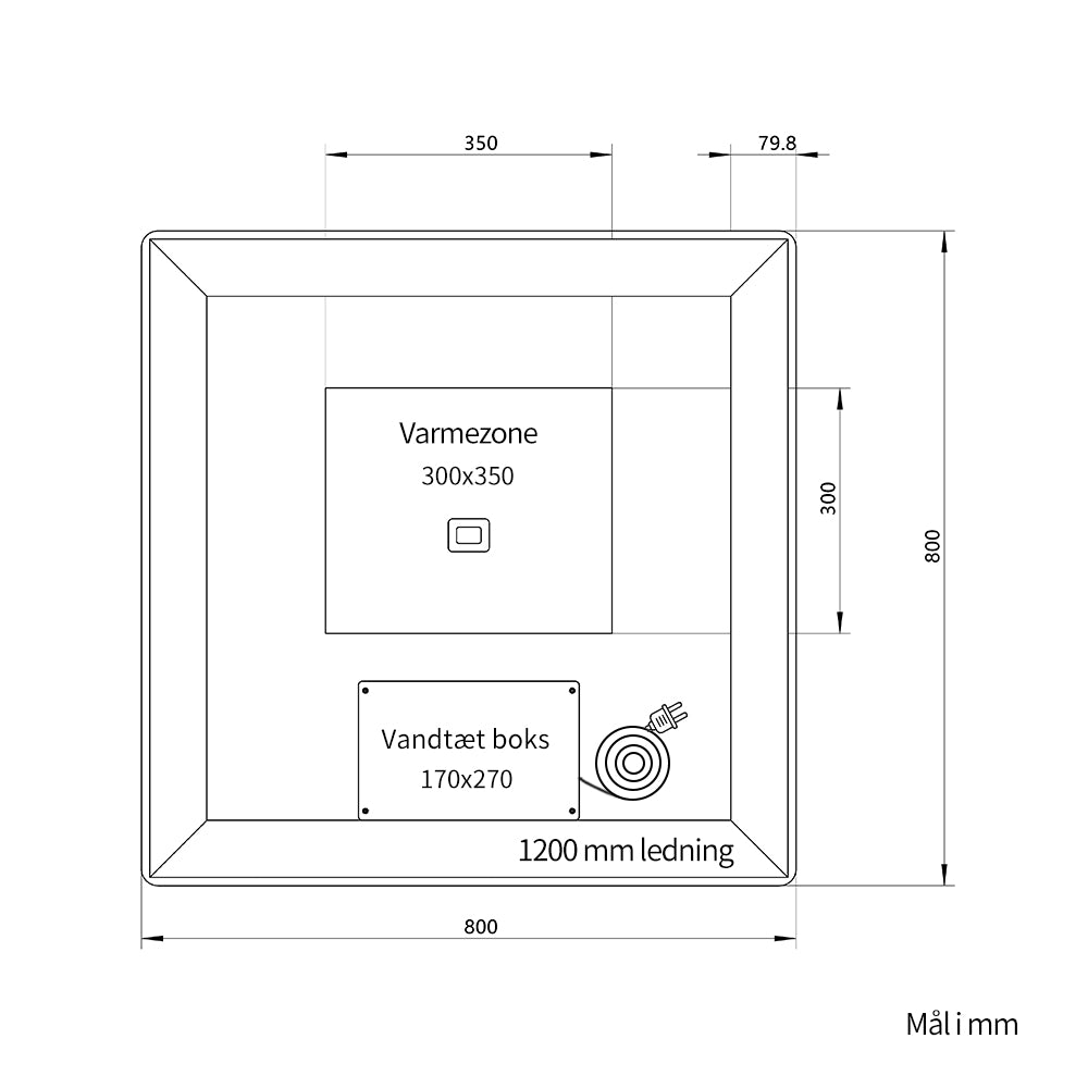 Bagsiden af spejl med frontlight 80x80 cm: varmezone til antidug, vandtæt boks og 1200 mm ledning. Ophængsbeslag medfølger