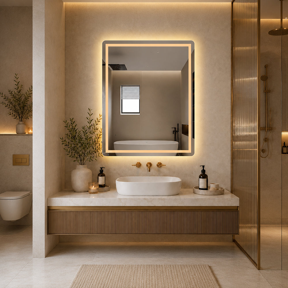 Højt spejl med front- og backlight 80x100 cm på badeværelse med vaskemøbel i træ, toilet og bruser