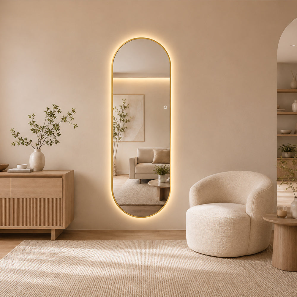 Helfigur Oval Spejl med LED-lys 60x170 cm - Guld ramme
