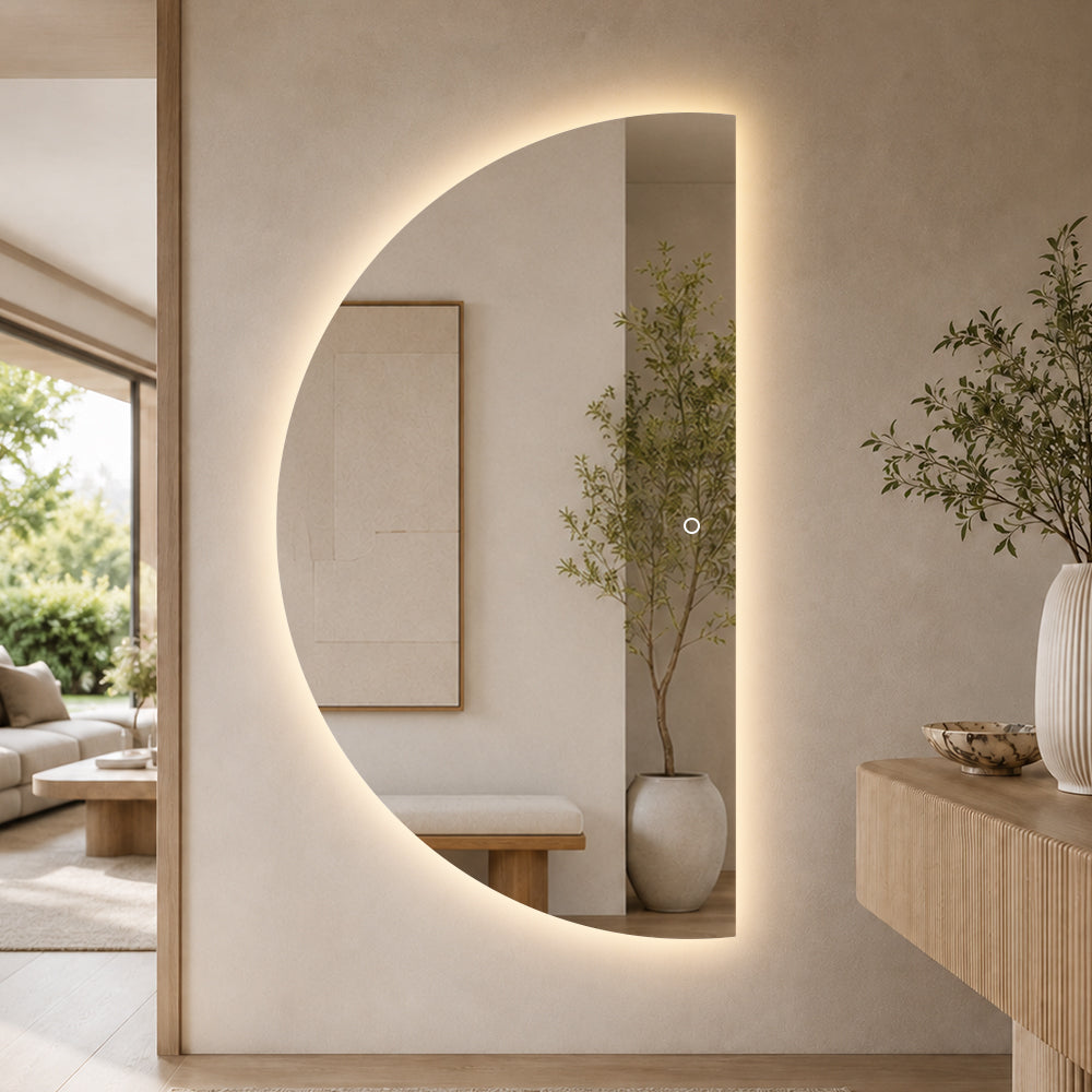 Halvcirkel spejl med LED-lys 100x180 cm (Venstrevendt)