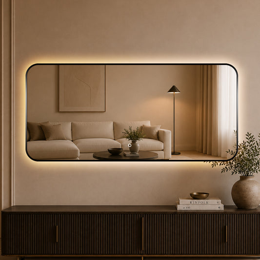 Rektangulært Spejl med LED-lys 180x80 cm - Sort ramme