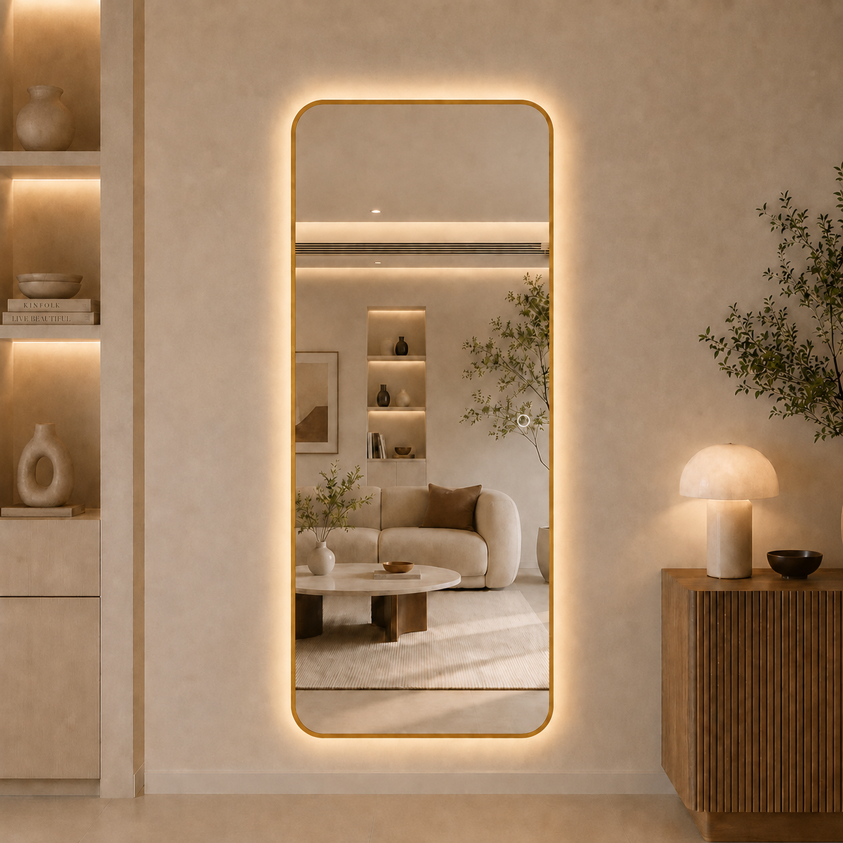 Helfigur Spejl med LED-lys 80x180 cm - Guld ramme