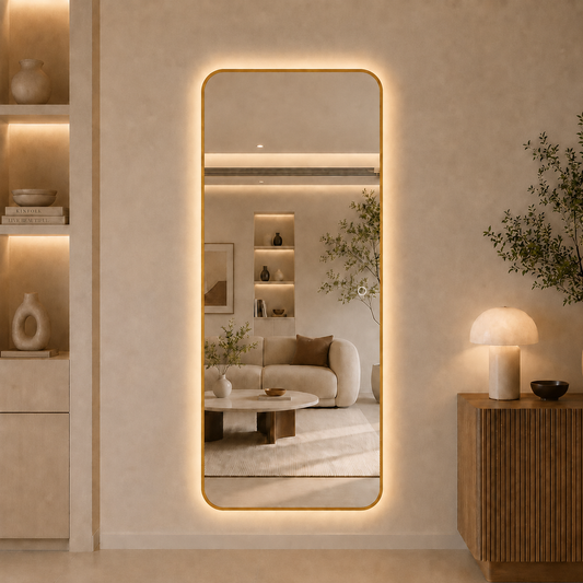 Helfigur Spejl med LED-lys 80x180 cm - Guld ramme
