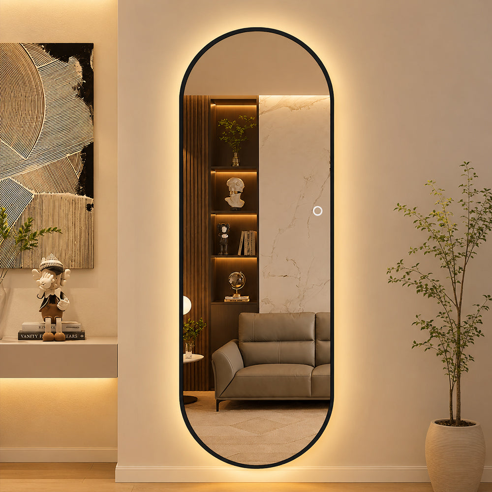Helfigur Ovalt Spejl med LED-lys 60x170 cm - Sort ramme