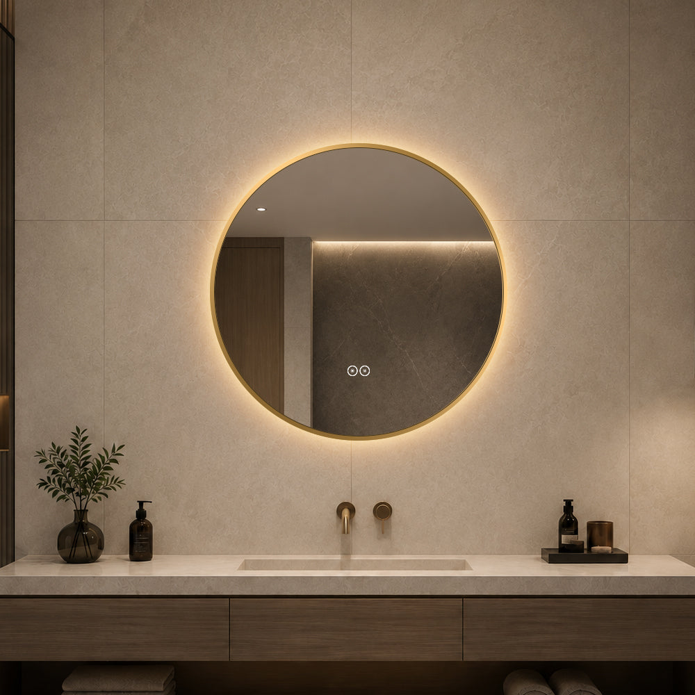 Rundt spejl med LED-lys og Antidug Ø60 cm m/guld ramme
