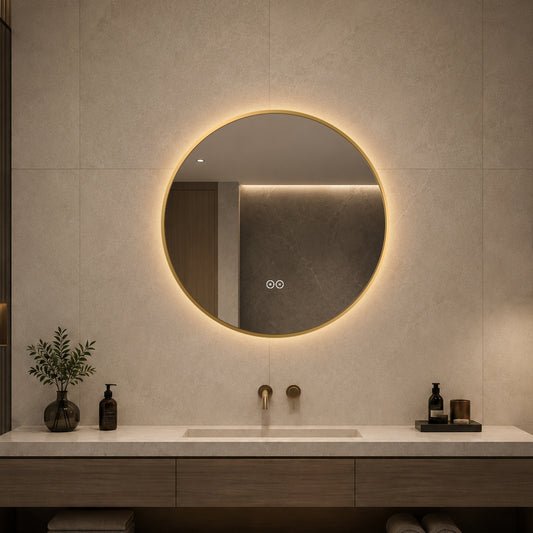 Rundt spejl med LED-lys og Antidug Ø60 cm m/guld ramme