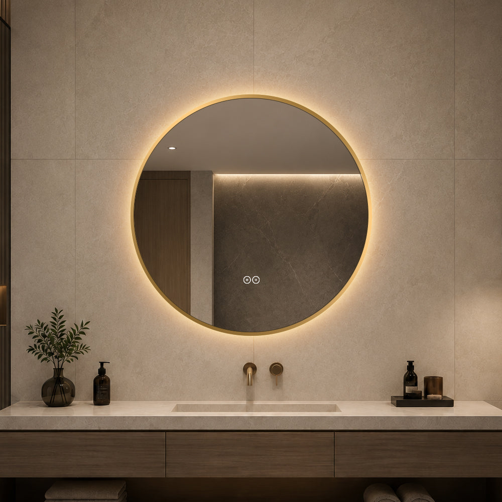 Rundt spejl med LED-lys og Antidug Ø70 cm m/guld ramme