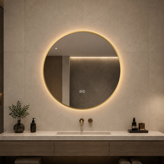 Rundt spejl med LED-lys og Antidug Ø70 cm m/guld ramme