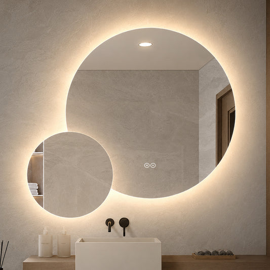 Dobbelt spejl med LED-lys og Antidug Ø80 + Ø40 cm (Højrevendt)