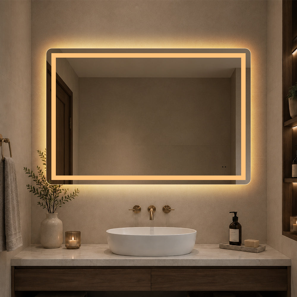 Rektangulært spejl med frontlight, LED-lys og antidug 120x80 cm tændt over rund håndvask på mørkt badeværelse