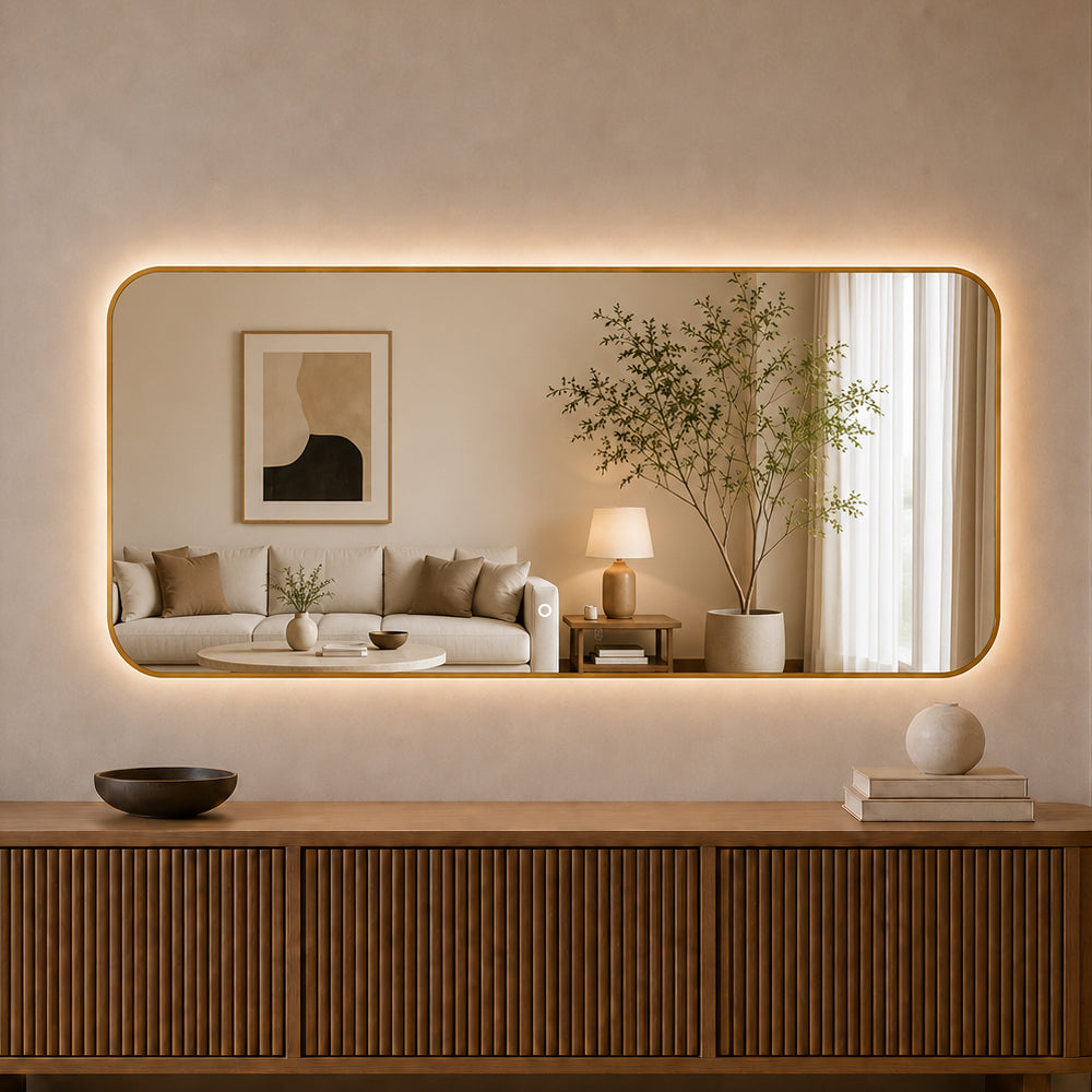 Rektangulært Spejl med LED-Lys 180x80 cm - Guld ramme