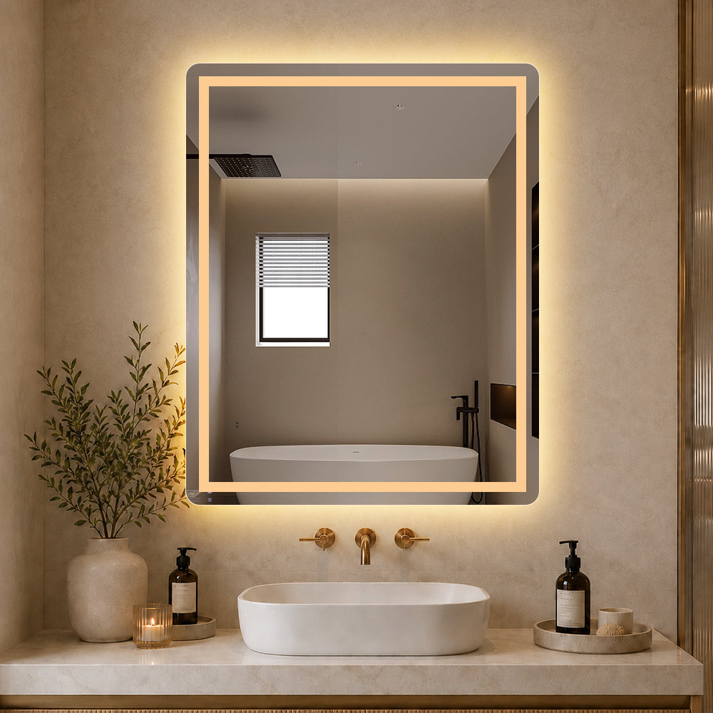Rektangulært spejl med frontlight, LED-lys og antidug 80x100 cm ophængt lodret over oval håndvask