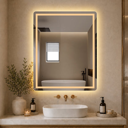 Rektangulært spejl med frontlight, LED-lys og antidug 80x100 cm ophængt lodret over oval håndvask