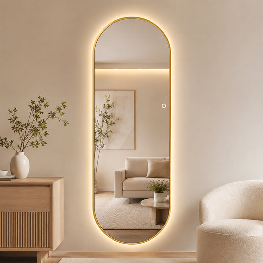 Helfigur Oval Spejl med LED-lys 60x170 cm - Guld ramme