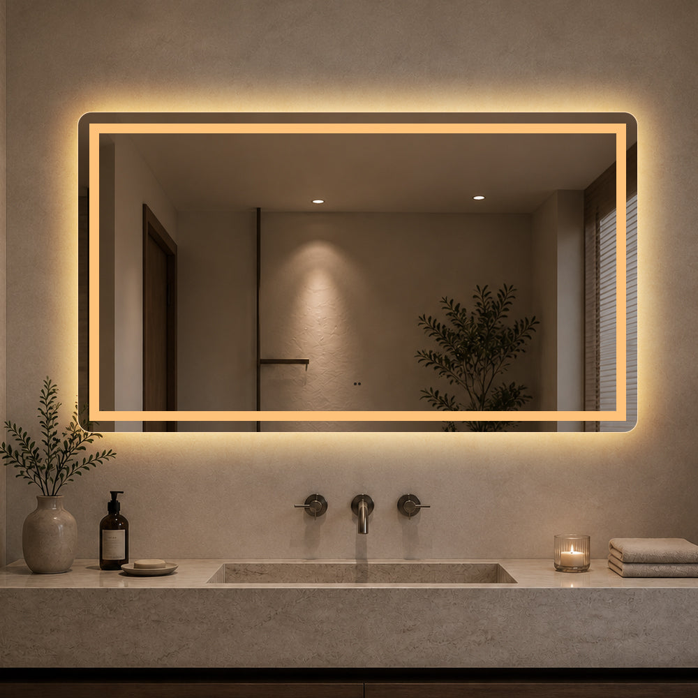 Rektangulært spejl med frontlight, LED-lys og antidug 140x80 cm tændt over aflang håndvask i sten