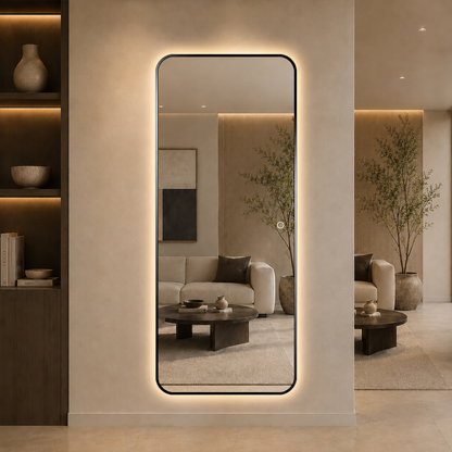 Helfigur Spejl med LED-lys 80x180 cm - Sort Ramme